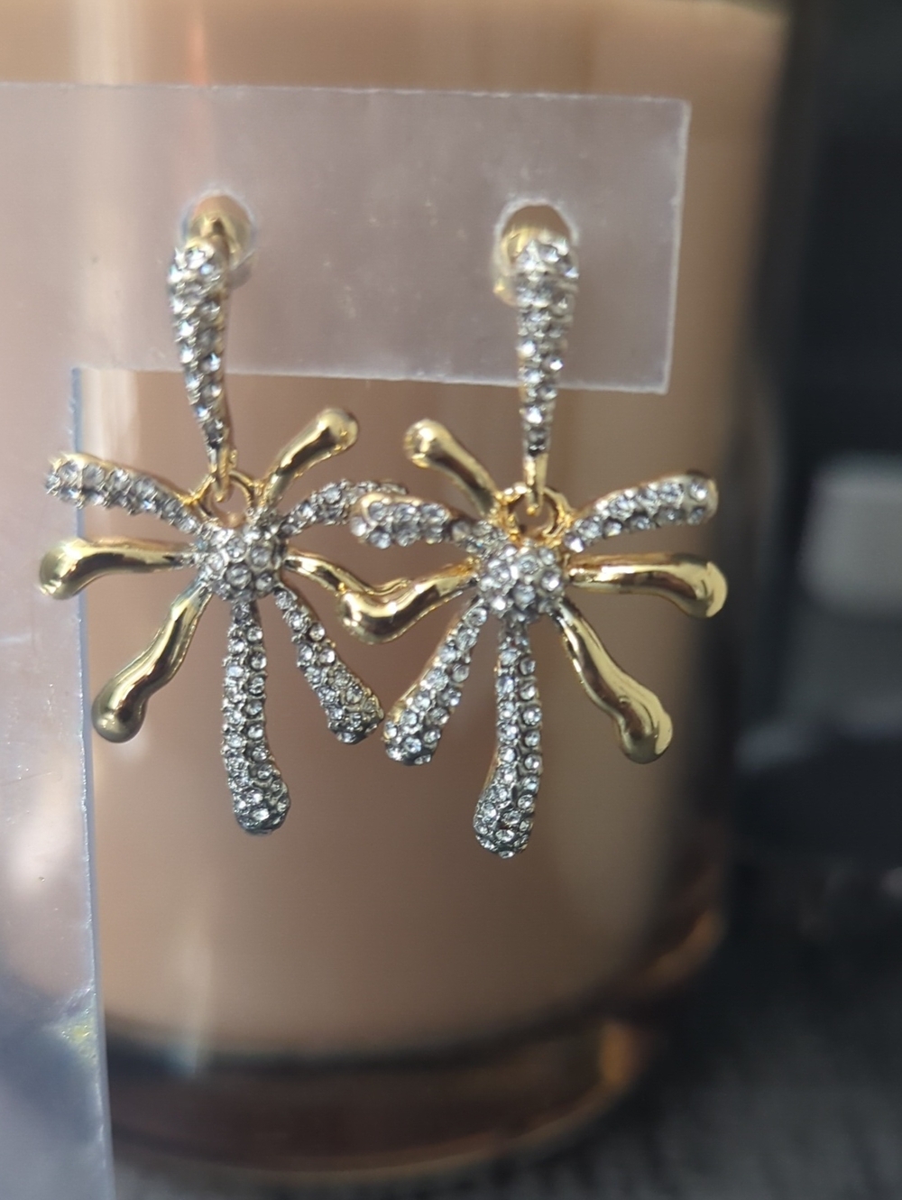 Gold and Crystal Flower Burst Drop Earrings - Women Jewelry